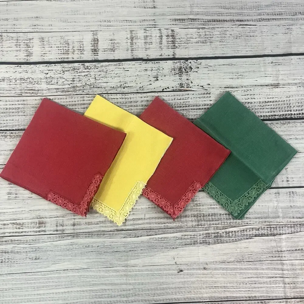 Vintage 4pc Linen Square Napkins Handkerchief Set Red Green Yellow Lace 14.5